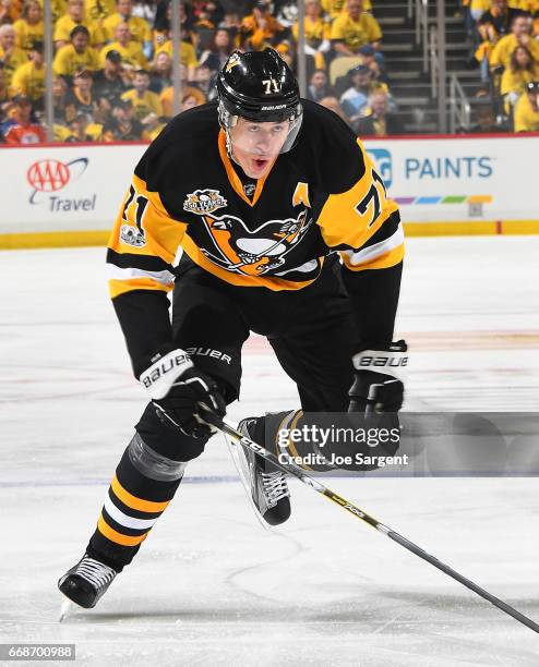 Evgeni Malkin of the Pittsburgh Penguins skates against the Columbus Blue Jackets in Game One of the Eastern Conference First Round during the 2017...