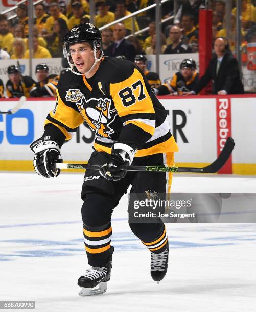 Sidney Crosby of the Pittsburgh Penguins skates against the Columbus Blue Jackets in Game One of the Eastern Conference First Round during the 2017...