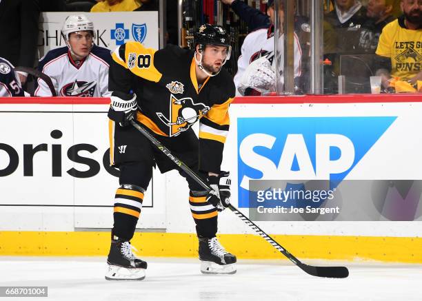 Brian Dumoulin of the Pittsburgh Penguins skates against the Columbus Blue Jackets in Game One of the Eastern Conference First Round during the 2017...