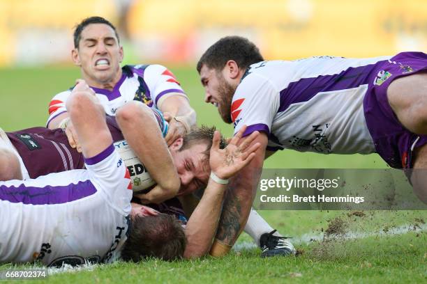 Jake Trbojevic of Manly scores a try during the round seven NRL match between the Manly Sea Eagles and the Melbourne Storm at Lottoland on April 15,...