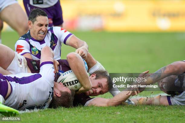 Jake Trbojevic of Manly scores a try during the round seven NRL match between the Manly Sea Eagles and the Melbourne Storm at Lottoland on April 15,...