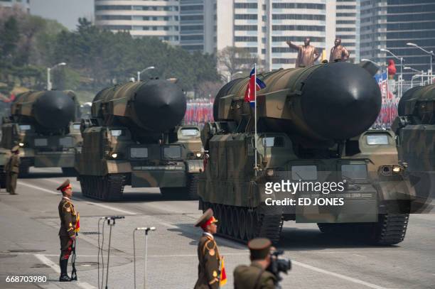 An unidentified rocket is displayed during a military parade marking the 105th anniversary of the birth of late North Korean leader Kim Il-Sung in...