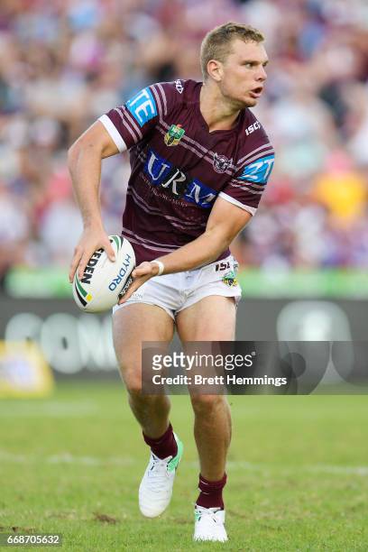 Tom Trbojevic of Manly runs the ball during the round seven NRL match between the Manly Sea Eagles and the Melbourne Storm at Lottoland on April 15,...
