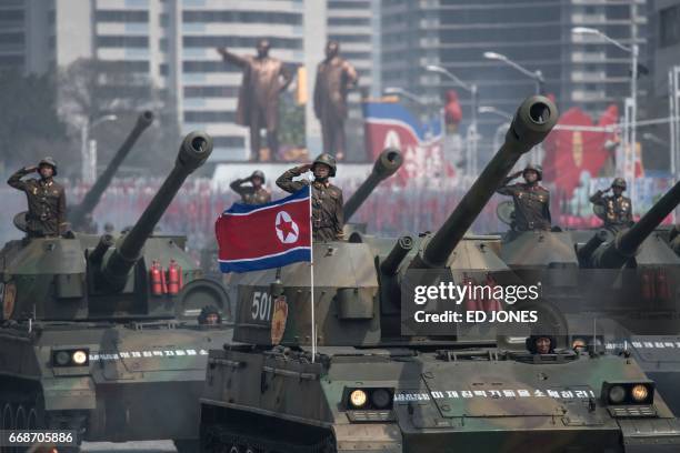 Korean People's Army tanks are displayed during a military parade marking the 105th anniversary of the birth of late North Korean leader Kim Il-Sung...