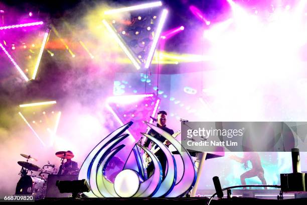 Musician Luke Steele of Empire of the Sun performs on the Sahara Stage during day 1 of the Coachella Valley Music And Arts Festival at the Empire...
