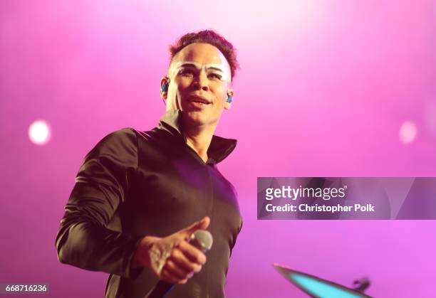 Musician Luke Steele of Empire of the Sun performs on the Sahara Stage during day 1 of the Coachella Valley Music And Arts Festival at the Empire...