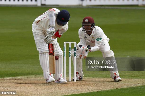 Ryan McLaren of Lancashire CCC gets LBW by Surrey's Gareth Batty during Specsavers County Championship - Diviision One match between Surrey CCC and...