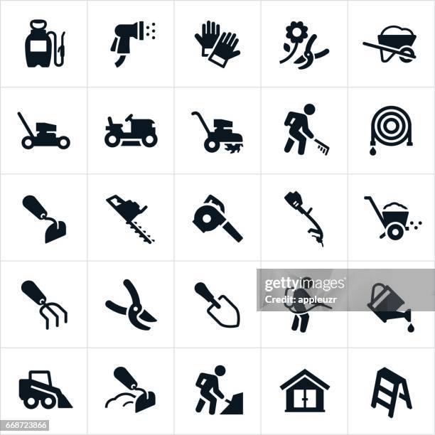 hof-werkzeuge und geräte symbole - lawnmower stock-grafiken, -clipart, -cartoons und -symbole