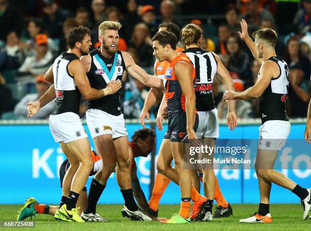 Jackson Trengove of the Power celebrates kicking a goal during the round four AFL match between the Greater Western Sydney Giants and the Port...