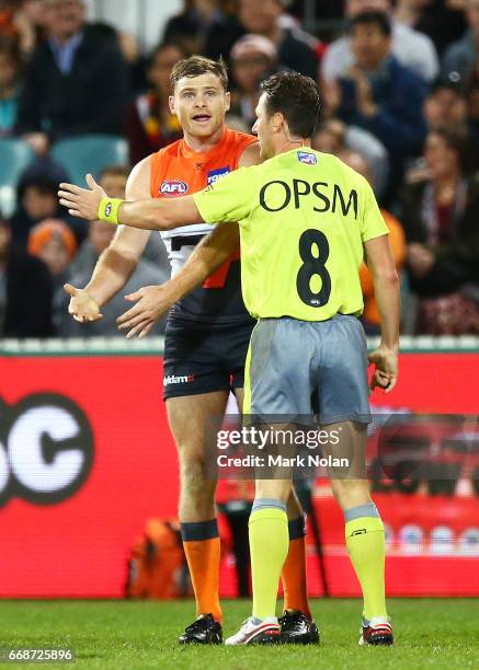 Heath Shaw of the Giants contests a decision during the round four AFL match between the Greater Western Sydney Giants and the Port Adelaide Power at...