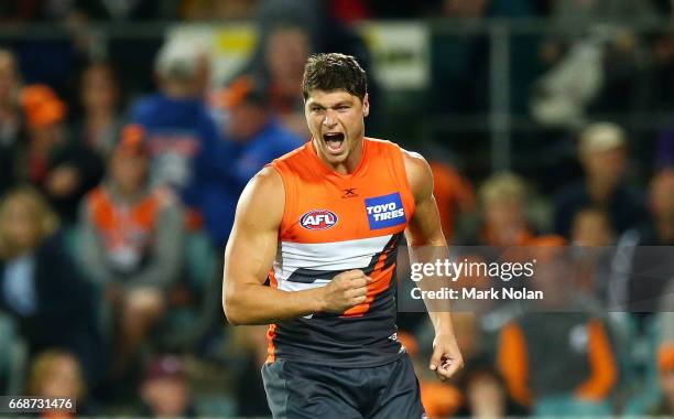 Jonathan Patton of the Giants celebrates kicking a goal during the round four AFL match between the Greater Western Sydney Giants and the Port...