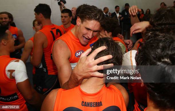 Rory Lobb of the Giants celebrates winning after the round four AFL match between the Greater Western Sydney Giants and the Port Adelaide Power at...