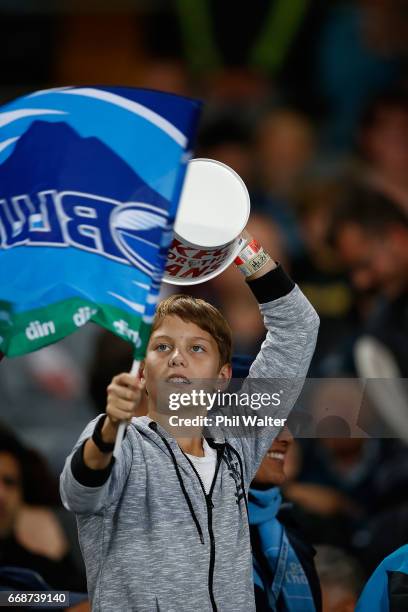 Blues fans during the round eight Super Rugby match between the Blues and the Hurricanes at Eden Park on April 15, 2017 in Auckland, New Zealand.
