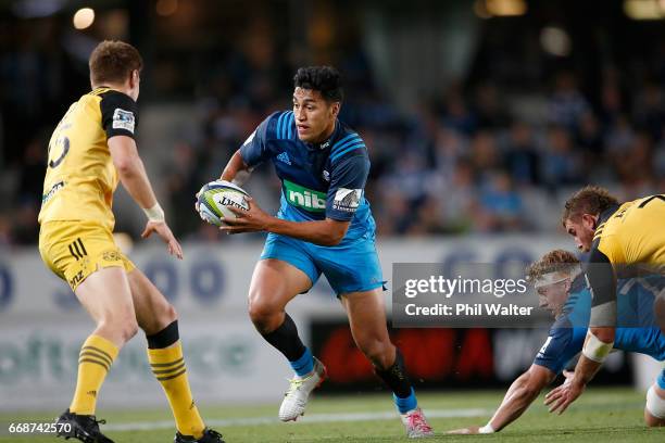 Rieko Ioane of the Blues in action during the round eight Super Rugby match between the Blues and the Hurricanes at Eden Park on April 15, 2017 in...