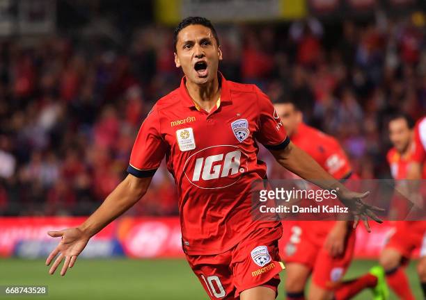 Marcelo Carrusca of United celebrates after scoring a goal from a penalty kick during the round 27 A-League match between Adelaide United and the...