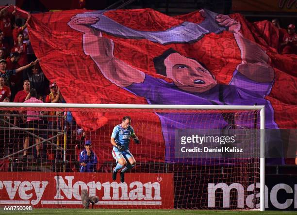 United goalkeeper Eugene Galekovic is pictured in front of a banner celebrating his 250th game during the round 27 A-League match between Adelaide...