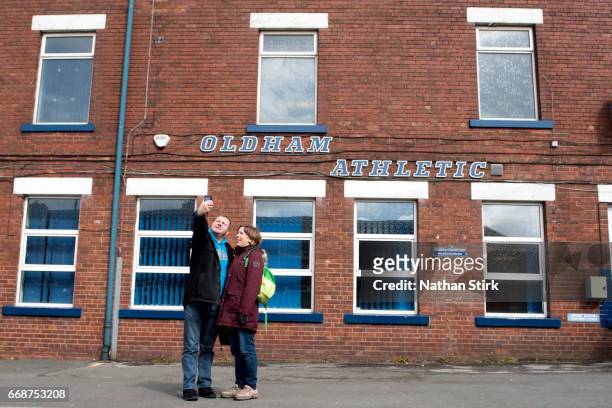 Fans take a selfie before the Sky Bet League One match between Oldham Athletic and Bolton Wanderers at Boundary Park on April 15, 2017 in Oldham,...