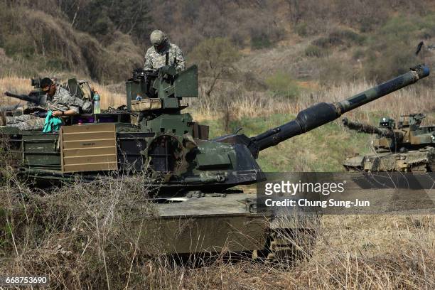 Soldiers prepare for a military exercise near the border between South and North Korea on April 15, 2017 in Paju, South Korea. North Korea celebrated...