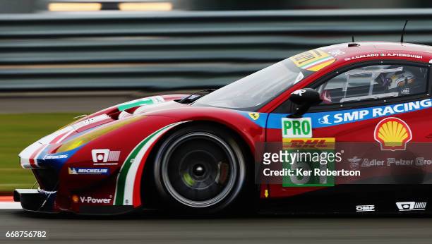 The AF Corse Ferrari of James Calado and Alessandro Pier Guidi drives during practice for the FIA World Endurance Championship at Silverstone on...