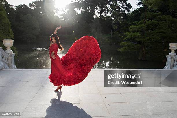 woman dressed in red dancing flamenco on a terrace in front of a lake - flamenco danza tradizionale foto e immagini stock