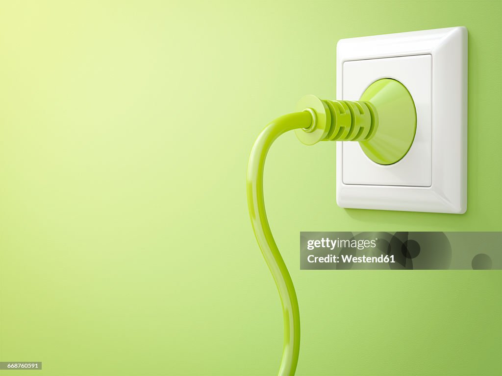 3D Rendering, Green plug in socket, clean energy, copy space