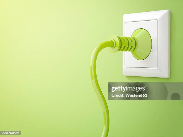 illustrations, cliparts, dessins animés et icônes de 3d rendering, green plug in socket, clean energy, copy space - prise électrique