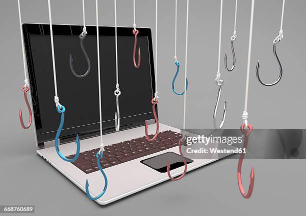 stockillustraties, clipart, cartoons en iconen met 3d illustration, notebook with colored fishhooks on the gray background - fishing hook