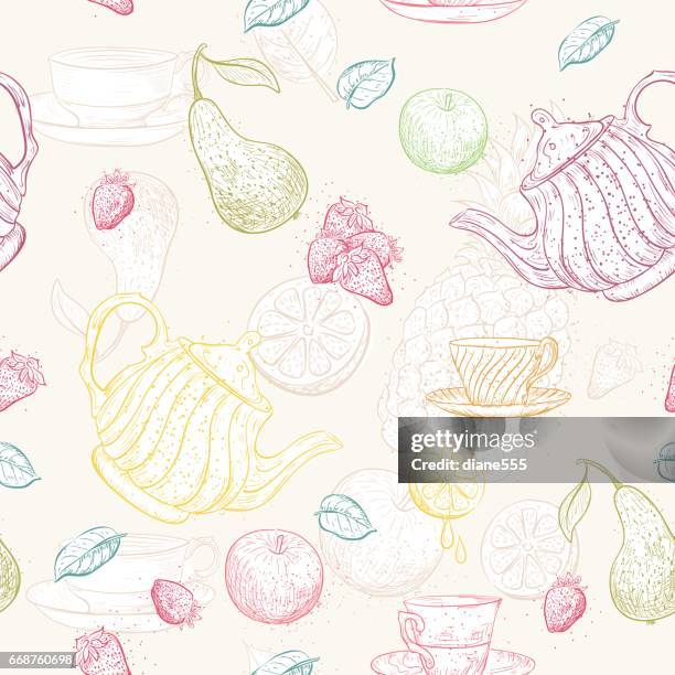 hand drawn detailed fruits seamless pattern - pineapple texture stock illustrations