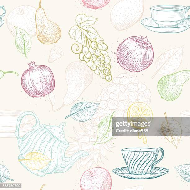 hand drawn detailed fruits seamless pattern - pineapple texture stock illustrations