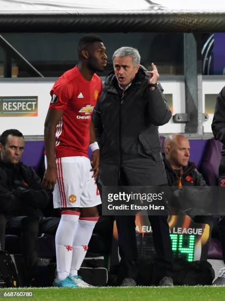 Manchester United manager Jose Mourinho gives instruction to Timothy Fosu-Mensah during the UEFA Europa League quarter final first leg match between...