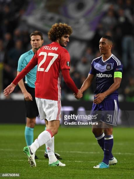 Youri Tielemans of Anderlecht and Marouane Fellaini of Manchester United shake hands during the UEFA Europa League quarter final first leg match...