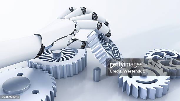 robot hand reaching for cogwheels - working hands stock illustrations