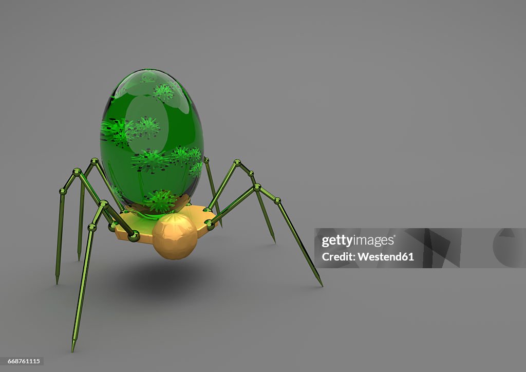 Nanobot with virus on grey background, 3D Rendering