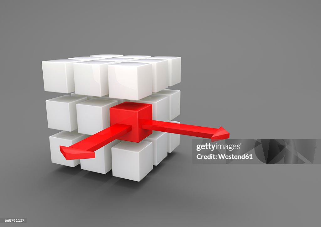 Outsourcing, porcelain cubes with red arrows on gray background, 3D Illustration