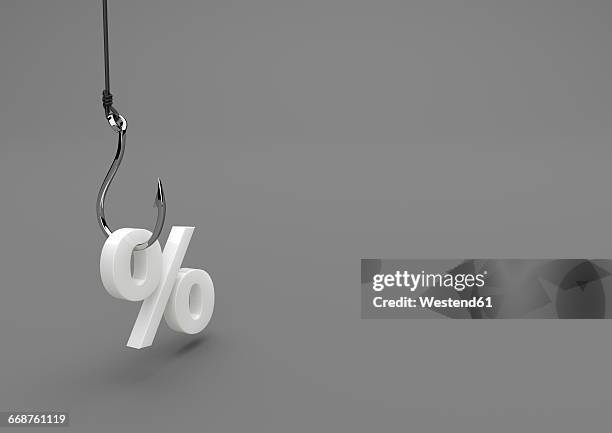 3d illustration, bait, hook with symbol of percent - rod stock illustrations