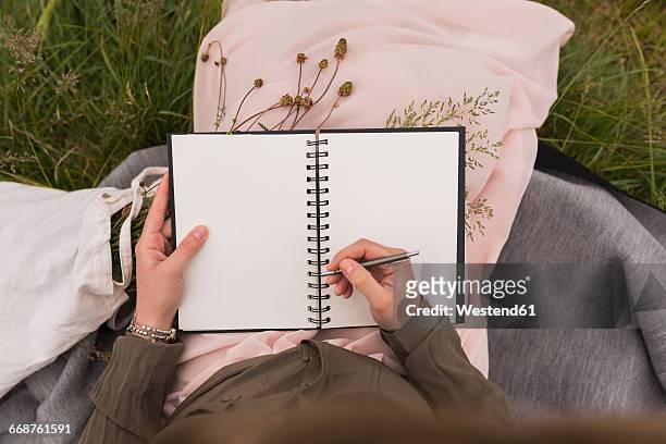 woman sitting on a meadow writing down something in her notebook, partial view - pen writing foto e immagini stock