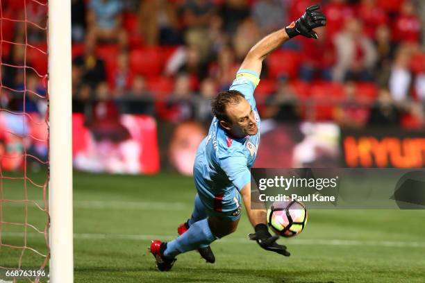 Eugene Galekovic of Adelaide saves a penalty shot on goal during the round 27 A-League match between Adelaide United and the Western Sydney Wanderers...