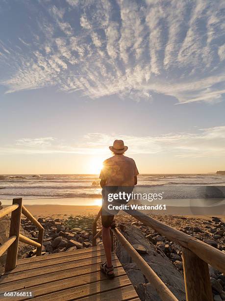 portugal, senior man sitting on railing at the beach - alentejo stockfoto's en -beelden