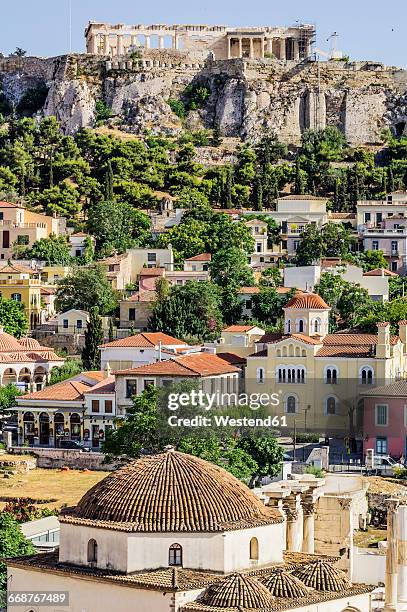 greece, athens, view to acropolis - athens acropolis stockfoto's en -beelden