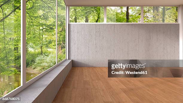 empty room with panorama window and wooden floor, 3d rendering - fensterbank stock-grafiken, -clipart, -cartoons und -symbole