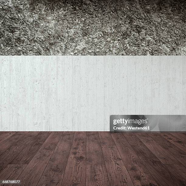 empty room with concrete and stone wall and wooden floor, 3d rendering - floorboard 幅插畫檔、美工圖案、卡通及圖標