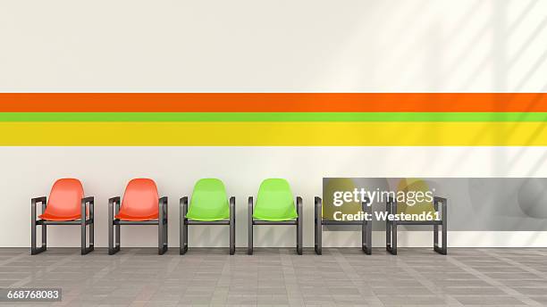 row of coloured chairs in waiting room, 3d rendering - 控え室点のイラスト素材／クリップアート素材／マンガ素材／アイコン素材