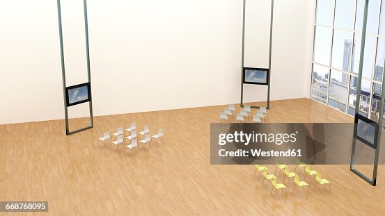 Training room with three monitors, 3D Rendering Training room with three monitors, 3D Rendering