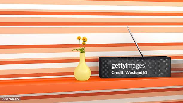 radio and flower vase on shelf, 3d rendering - orange alarm clock stock illustrations