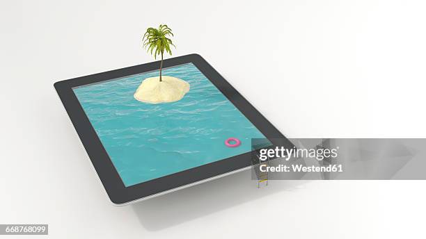 tablet with floating tire and island with palm in the sea, 3d rendering - portability stock illustrations