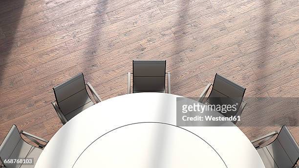 view to round conference table from above, 3d rendering - conference table and chairs stock illustrations