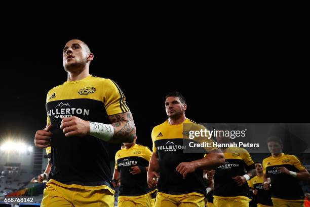 Perenara of the Hurricanes leads the team off ahead of the round eight Super Rugby match between the Blues and the Hurricanes at Eden Park on April...