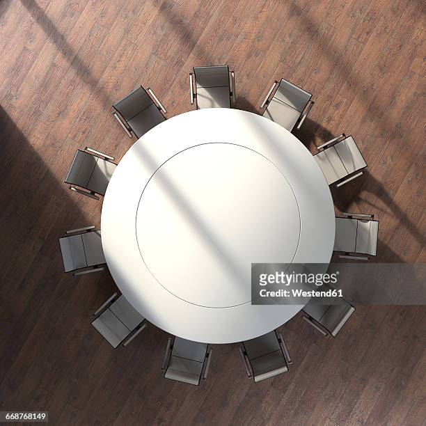 view to round conference table from above, 3d rendering - office space no people stock illustrations