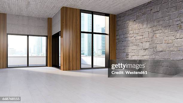 bildbanksillustrationer, clip art samt tecknat material och ikoner med empty room with wooden floor, natural stone and concrete wall, 3d rendering - innertak