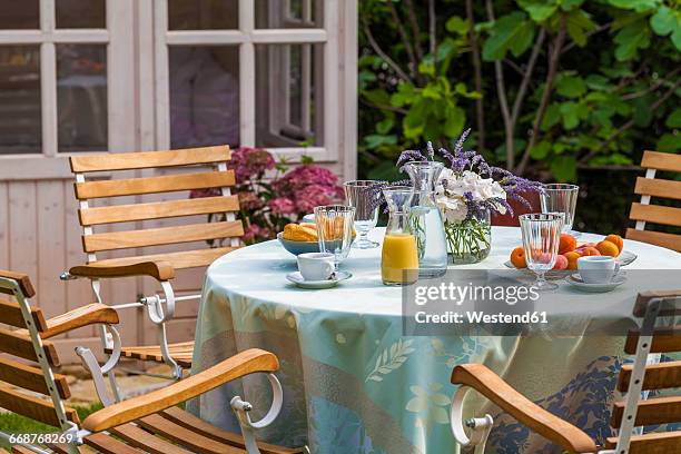 garden shed and laid table in garden - mirabelle plum stock pictures, royalty-free photos & images